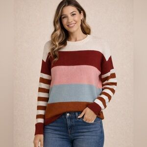 Color Block Knit Sweater Cream Maroon Pink Brown Size M Cozy Pullover